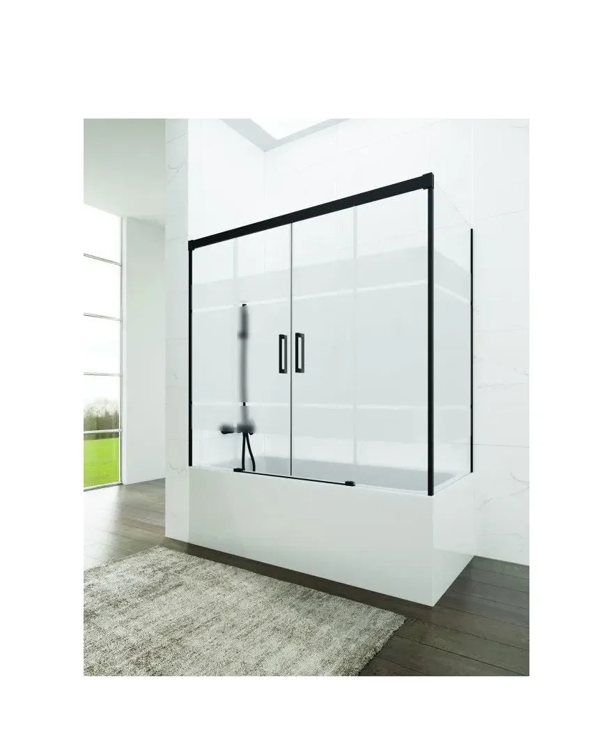 GME Basic Spazio Mampara pour baignoire angulaire avec trois panneaux fixes et deux portes coulissantes Frost Plus avec profils noirs