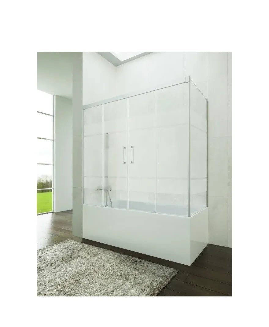 GME Basic Spazio Paroi de baignoire angulaire avec trois panneaux fixes et deux portes coulissantes Frost Plus avec profils chromés