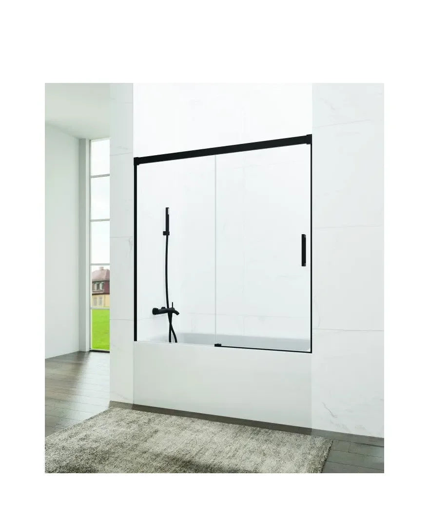 GME Basic Paroi de baignoire frontale avec une vitre fixe et une porte coulissante en verre transparent avec des profils noirs