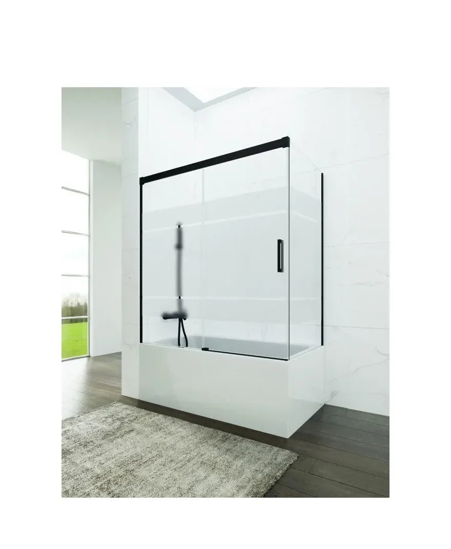 Corner Bathtub Shower Screen 3 Panels Decorative Glass with Black Profiles Frost Plus by GME