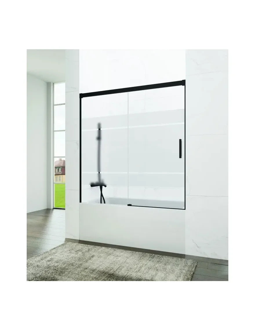 GME Basic Mampara pour baignoire frontale avec une vitre fixe et une porte coulissante en verre Frost Plus avec profils noirs
