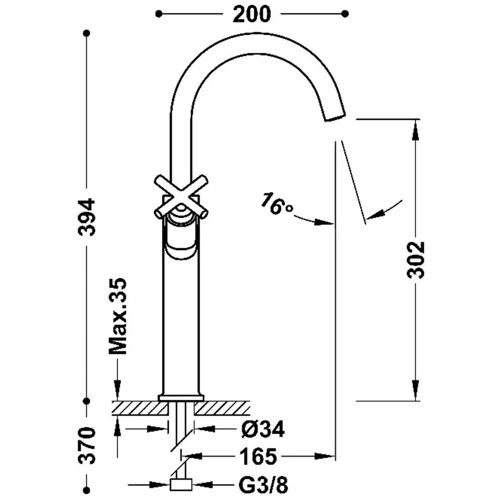 Grifo bimando extra alto para lavabo con volantes en latón y acabado acero de MONTBLANC TRES 1