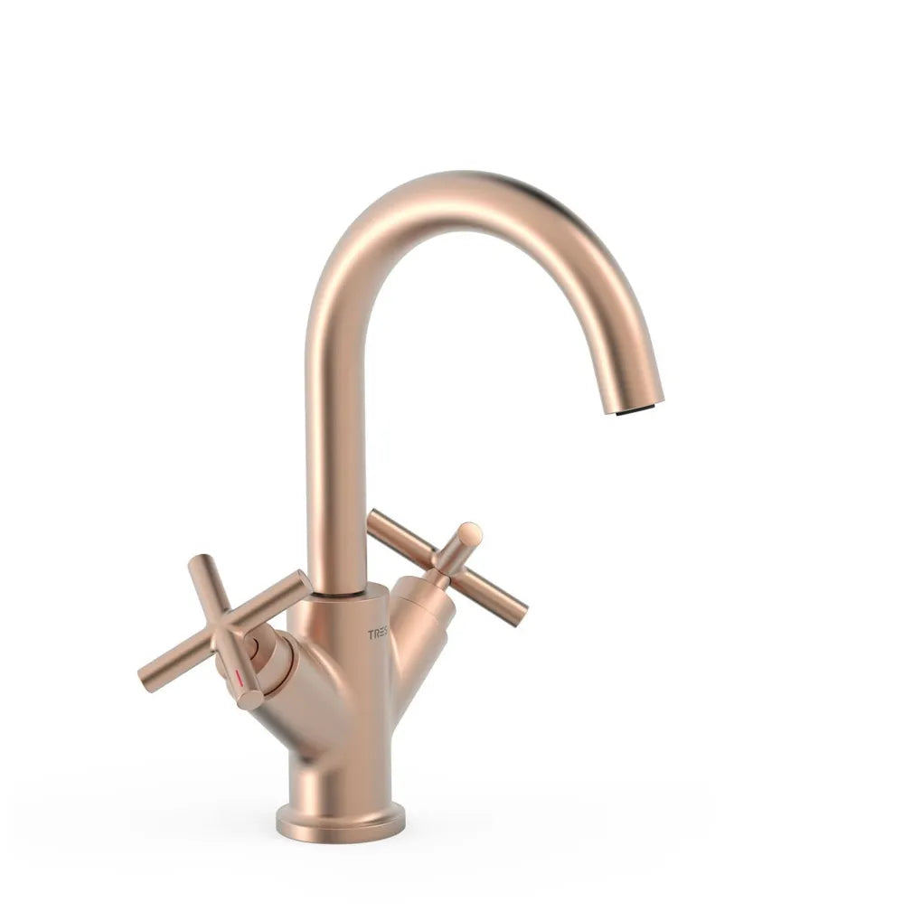Grifo bimando para lavabo de latón con acabado oro rosa mate MONTBLANC TRES 0