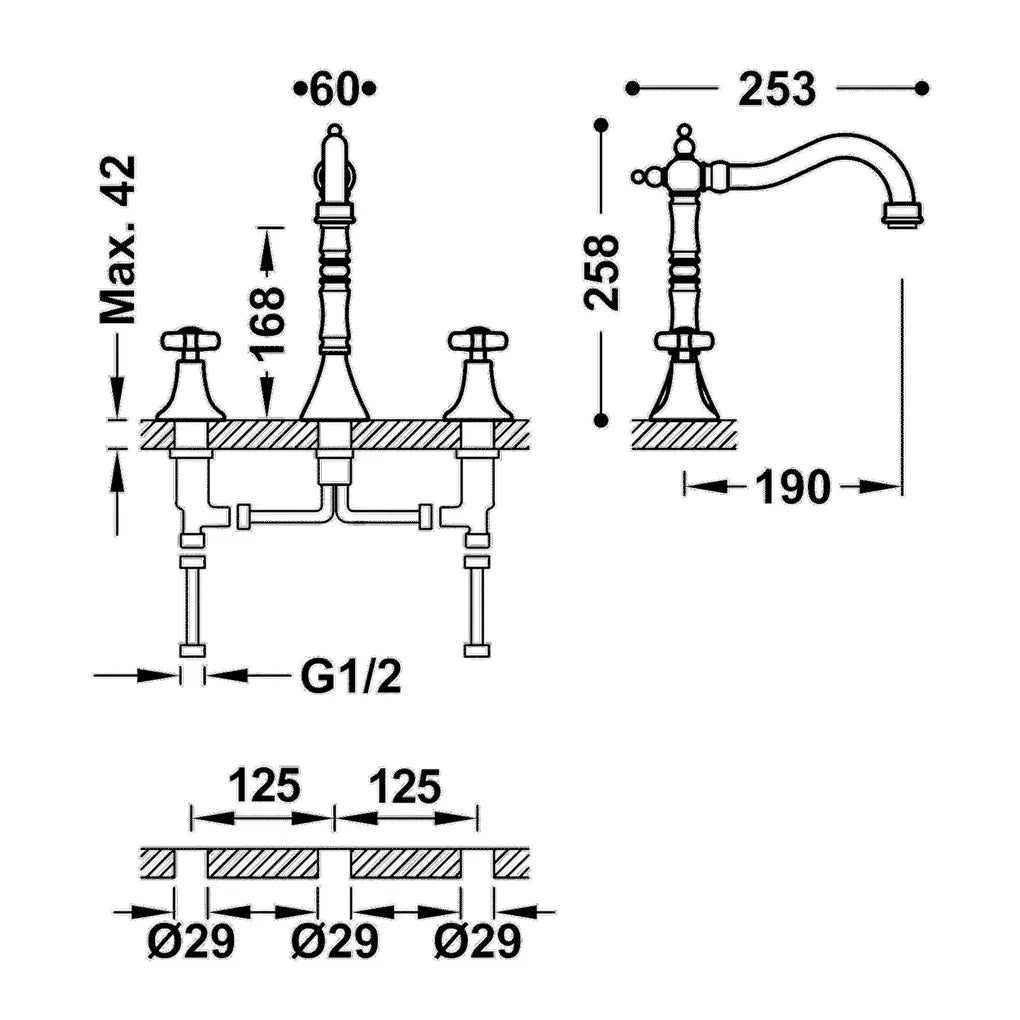 Grifo bimando vertical clásico para lavabo en batería con acabado dorado CLASIC TRES 1