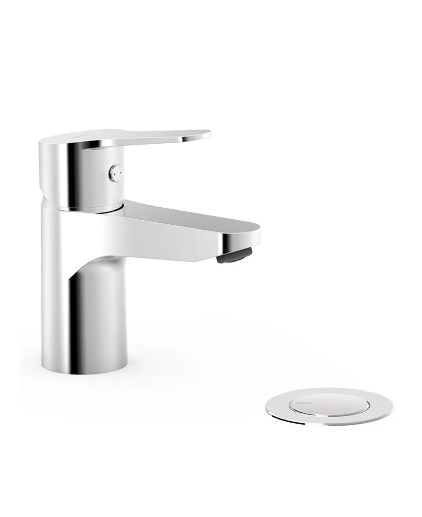 Grifo con monomando para lavabo de instalación sobre repisa acabado cromado y válvula de desagüe Base TRES-DUO 0