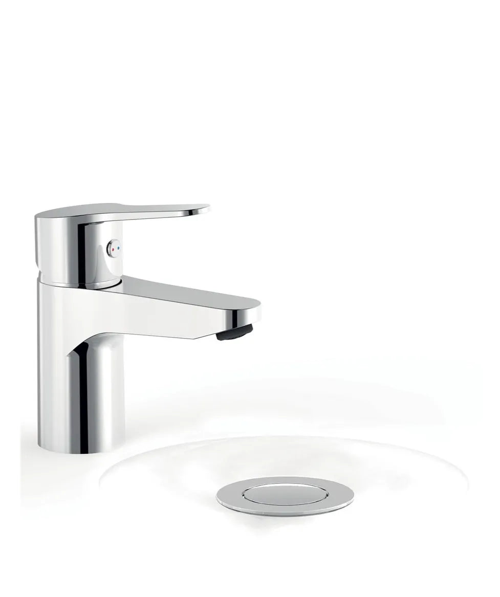 Grifo con monomando para lavabo sobre repisa acabado cromado y válvula de desagüe Base TRES 0
