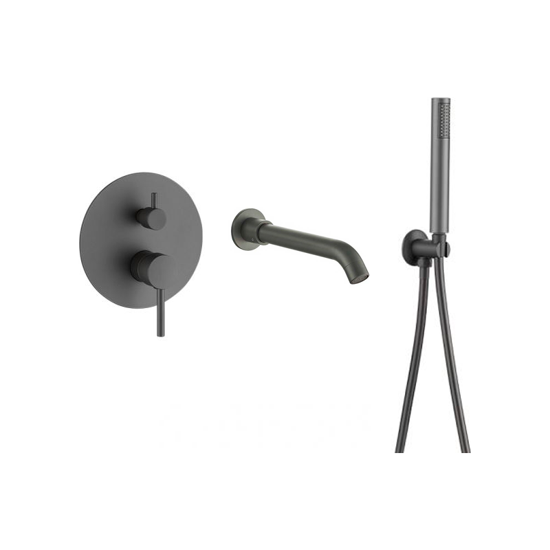 Grifo de bañera empotrado moderno gun metal dos vias dos salidas alcachofa y caño 21 cm flexo 150 cm Jucar de Valaz 0
