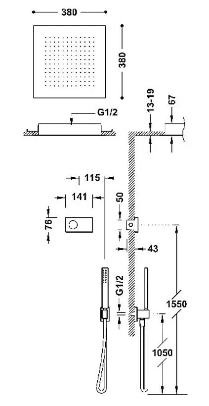 Grifo de ducha con panel electrónico y termostático de dos vías fabricado de latón TRES RT 1