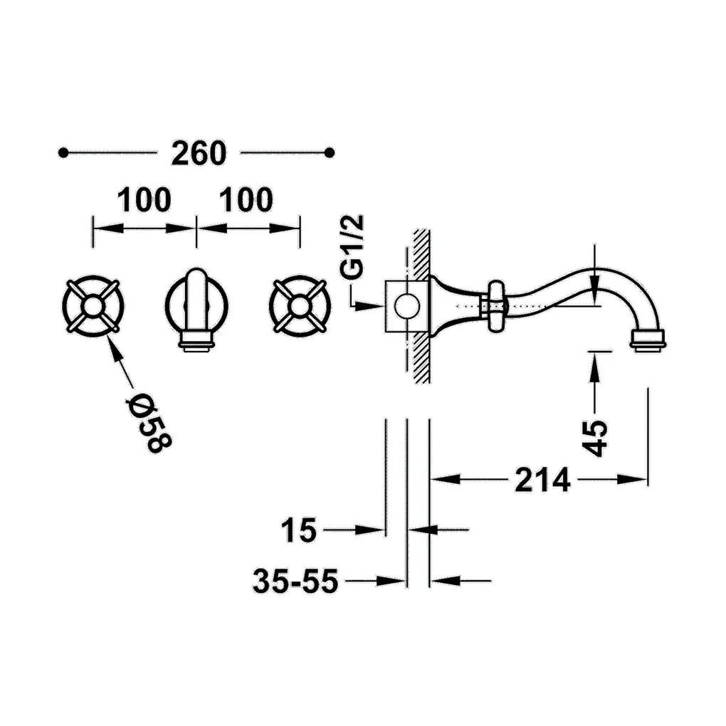 Grifo de lavabo de pared bimando con regulador de temperatura acabado cromado CLASIC TRES 1