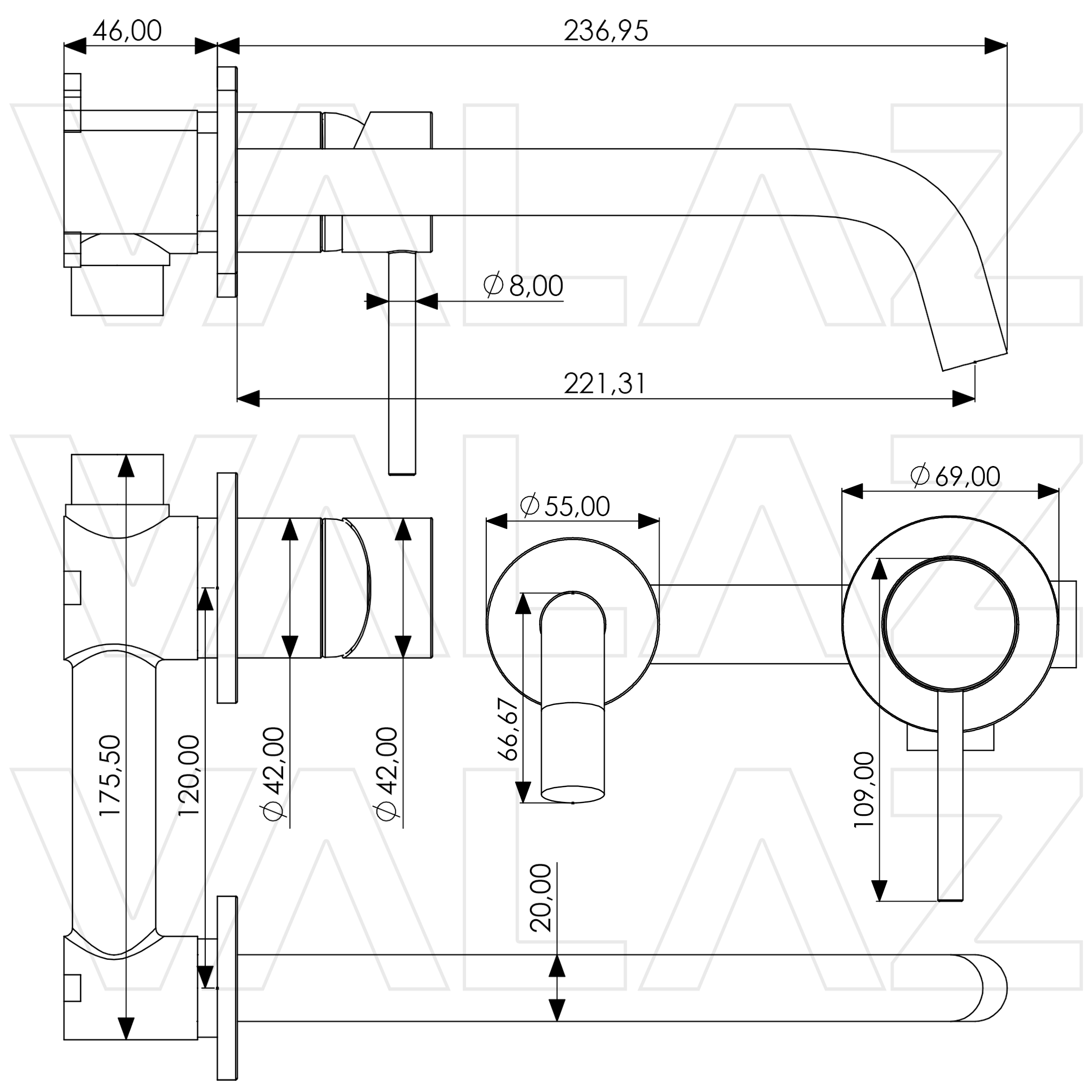Grifo de lavabo empotrado redondo monomando caño fino y fijo de 21 cm acero cepillado Deva de Valaz 1