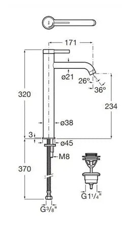 Grifo monocomando de lavabo con caño alto y desagüe click-clack de acabado negro titanio Ona Roca 2