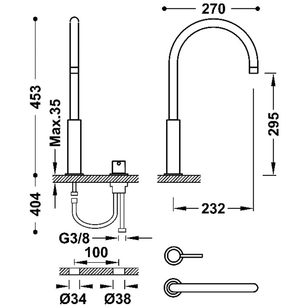 Grifo monomando alto de repisa para lavabo con acabado blanco mate instalación libre Study Tres 2