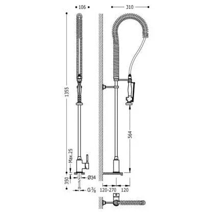 Grifo Monomando de cocina con ducha de mano extraíble y anclaje a pared Cocina Standard TRES 1