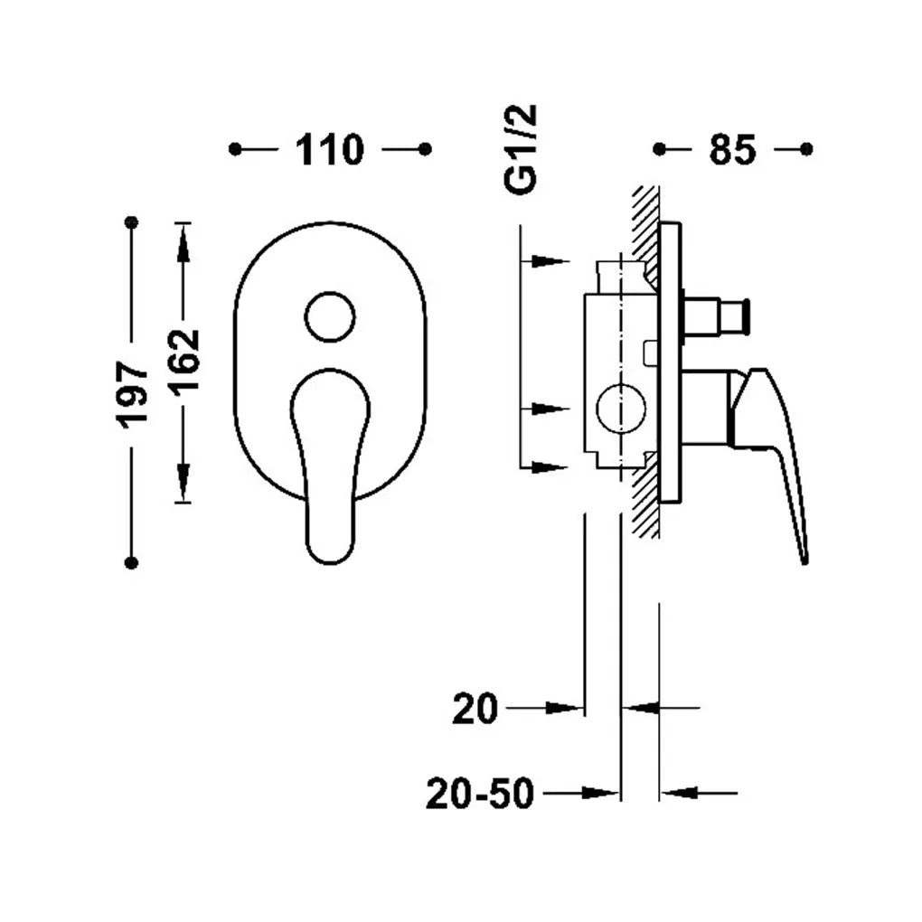 Grifo monomando empotrado para ducha y bañera de latón con acabado cromo Base Plus TRES 1
