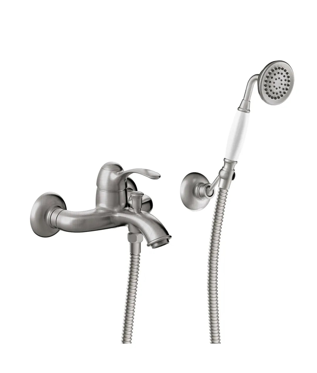 Grifo monomando mural para bañera y ducha de mano de latón con acabado acero Tres Clasic Tres 0