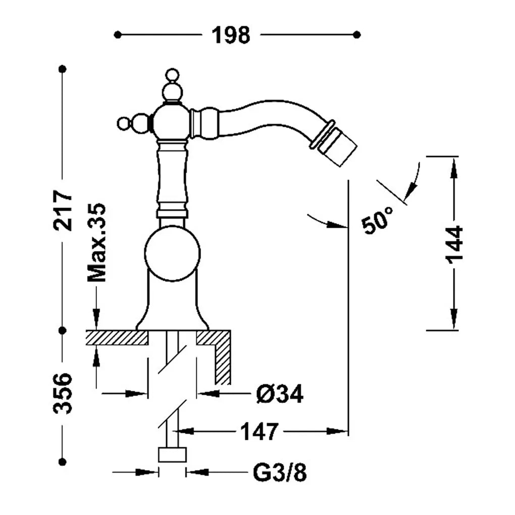 Grifo monomando para bidé con rótula orientable y maneta lateral con acabado latón viejo mate Tres Clasic Tres 2