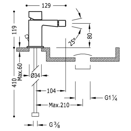 Grifo monomando para bidé fabricado en latón con válvula de desagüe y caño cuadrado CUB SLIM TRES 3