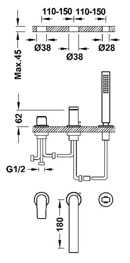 Grifo monomando para borde de bañera con acabado cromado Project Tres 1