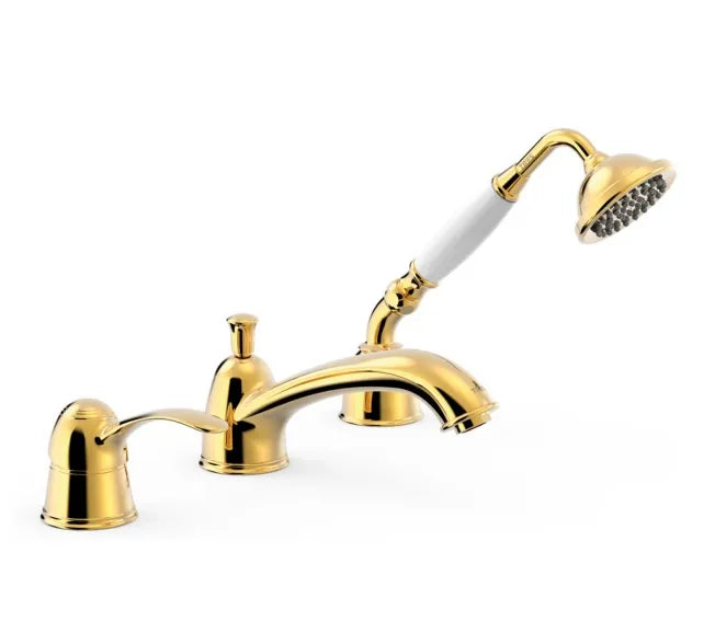 Grifo monomando para borde de bañera con ducha de mano de latón con acabado color oro Tres Clasic Tres 0