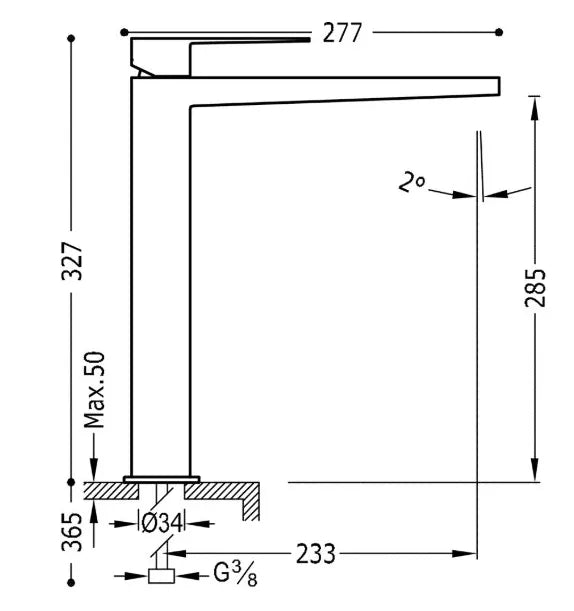 Grifo monomando para lavabo con caño plano en latón acabado oro XXL SLIM TRES 1