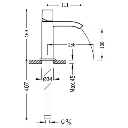 Grifo monomando para lavabo con caño y cascada libre fabricado en latón cromado Cuadro TRES 7