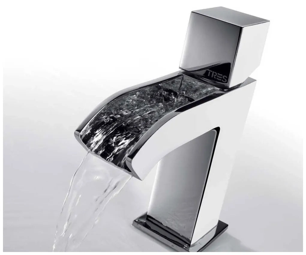 Grifo monomando para lavabo con desagüe y caída en cascada de latón Cuadro TRES 2