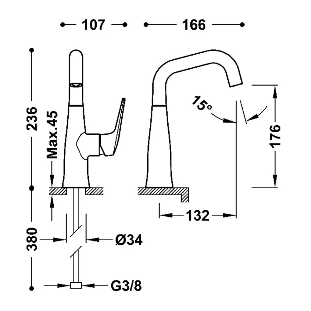Grifo monomando para lavabo con maneta lateral, ahorro energético y acabado oro rosa mate Fuji Tres 2