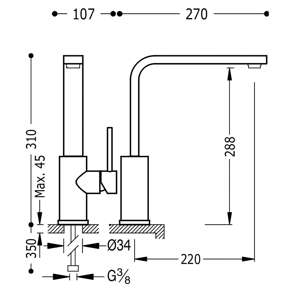 Grifo vertical para cocina con ángulo recto acabado negro mate TRES 1