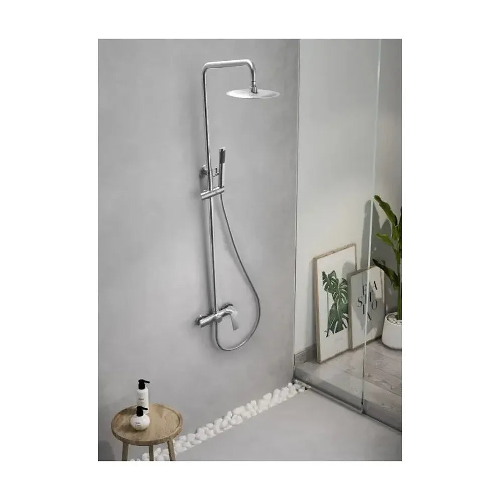 Detalle de funcionamiento de Barra de ducha monomando fabricada en acero inoxidable con acabado satinado Delos de Imex