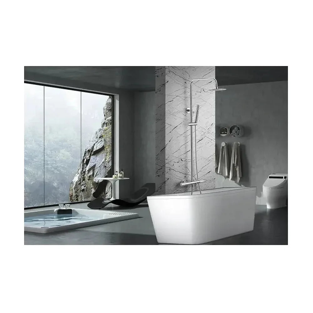 Vista trasera o instalación de Columna de bañera y ducha termostática de diseño moderno con un acabado cromado Line de Imex