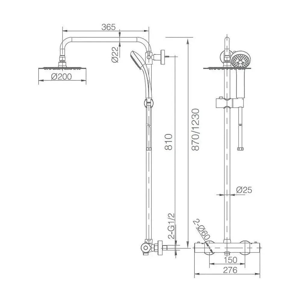 Plano de medidas y cotas técnicas de Columna de ducha con grifo termostático de diseño moderno con un acabado cromado...