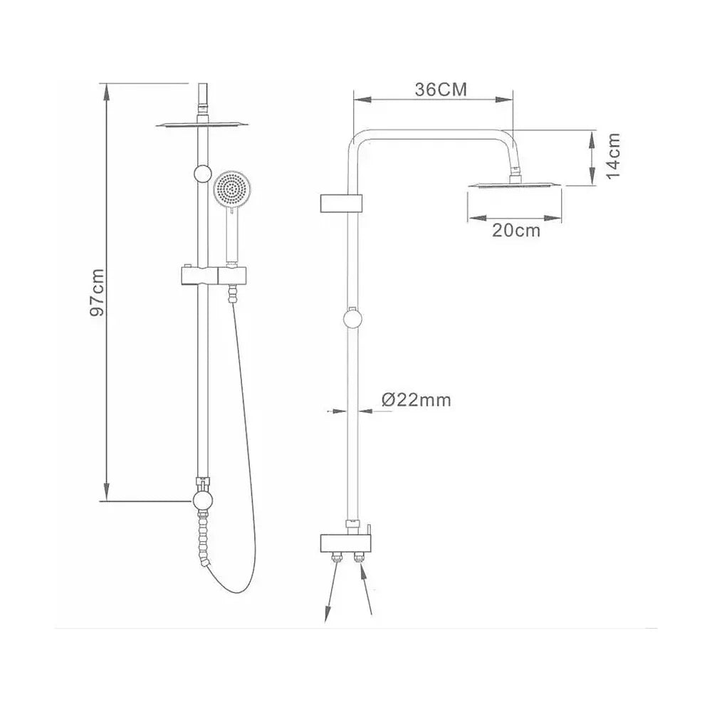 Plano de medidas y cotas técnicas de Columna de ducha de diseño moderno fabricada en latón con un acabado cromado Europa...