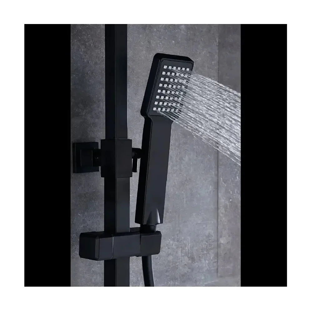Detalle de funcionamiento de Columna de ducha para pared con un diseño extensible de acabado negro mate Fiyi de Imex