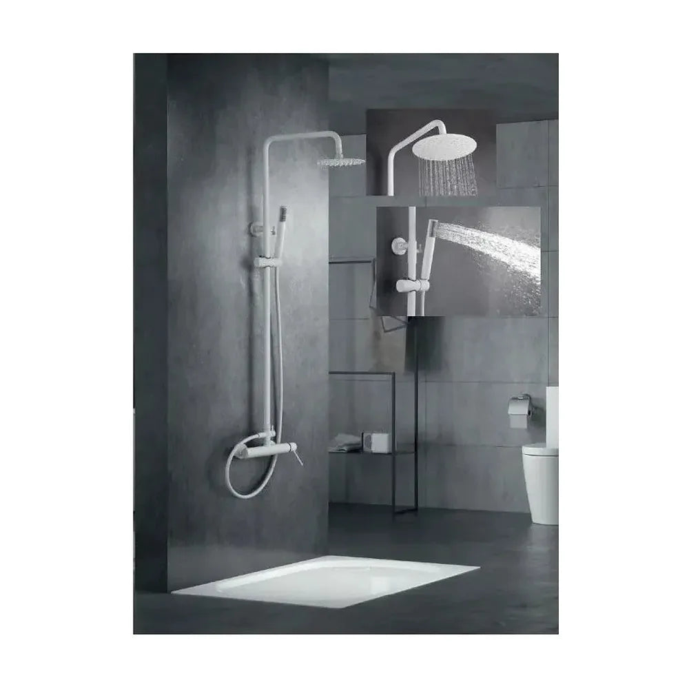 Vista lateral y perspectiva de Columna de pared para ducha empotrada de diseño moderno en color blanco mate stick Milos...
