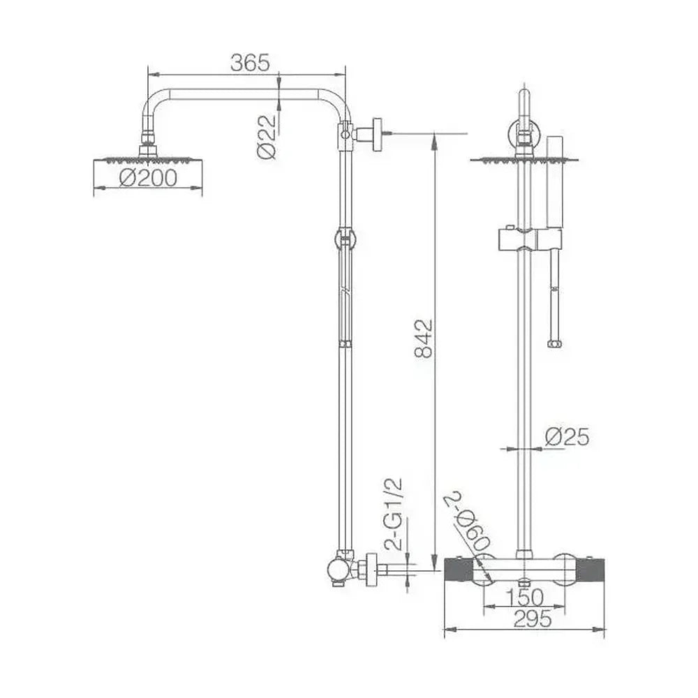 Plano de medidas y cotas técnicas de Columna para ducha de pared con un diseño termostático de acabado negro mate Line de...