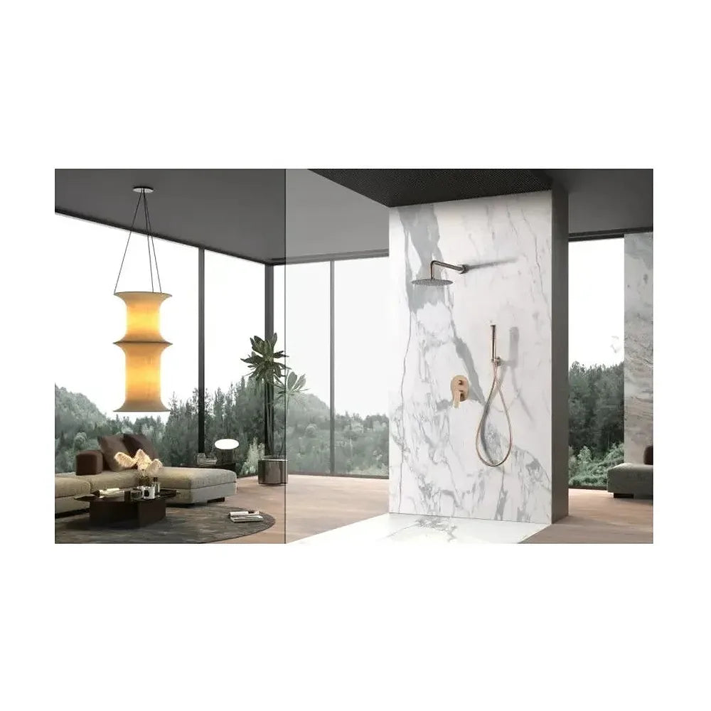 Vista principal de Conjunto de ducha monomando empotrado con mango y rociador acabado oro rosa cepillado Delos de Imex