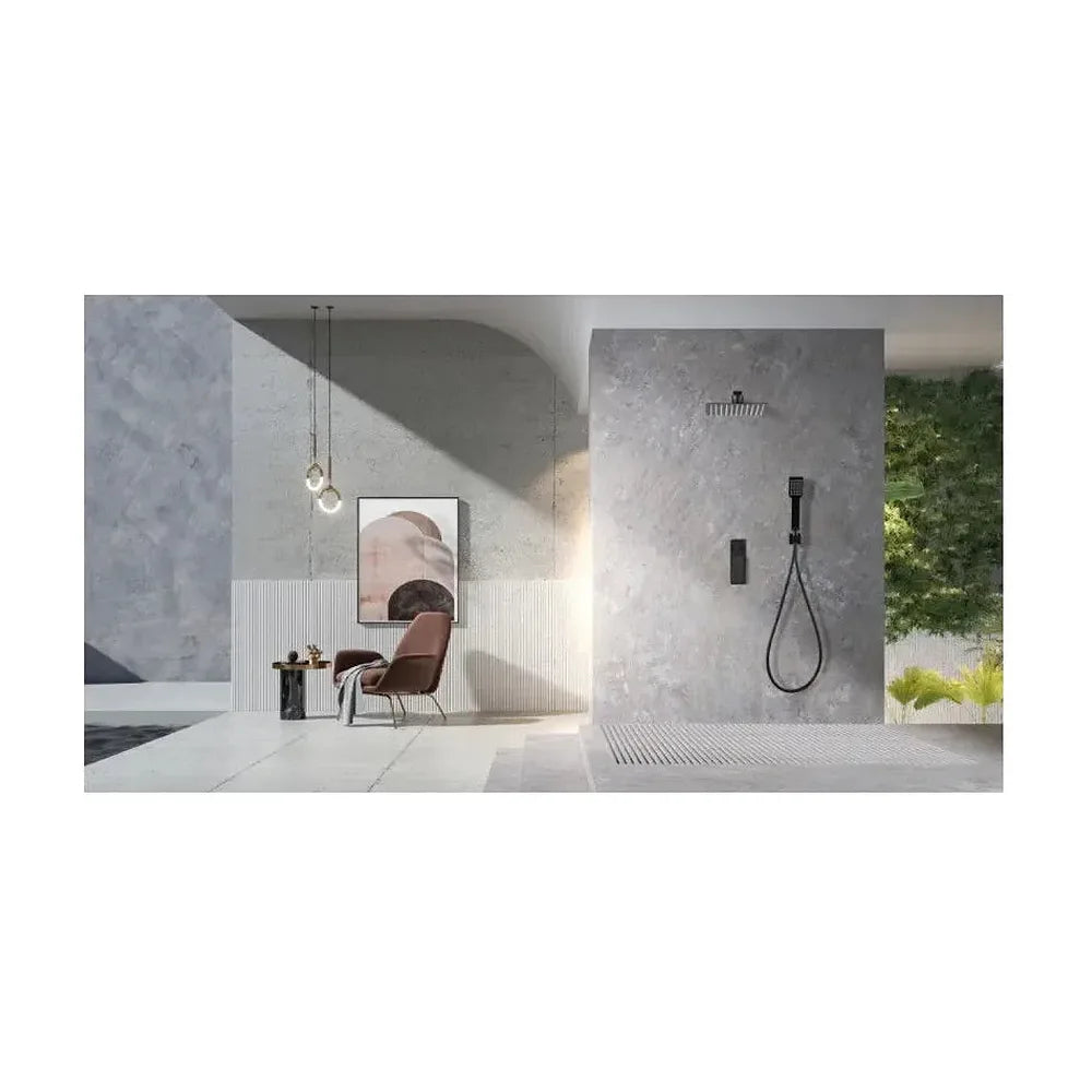 Vista principal de Conjunto de ducha monomando empotrado con mango y rociador acabado negro mate Fiyi de Imex
