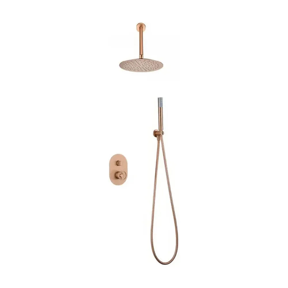 Conjunto de ducha monomando empotrado con rociador a techo acabado oro rosa cepillado vesubio Olimpo de Imex Imex