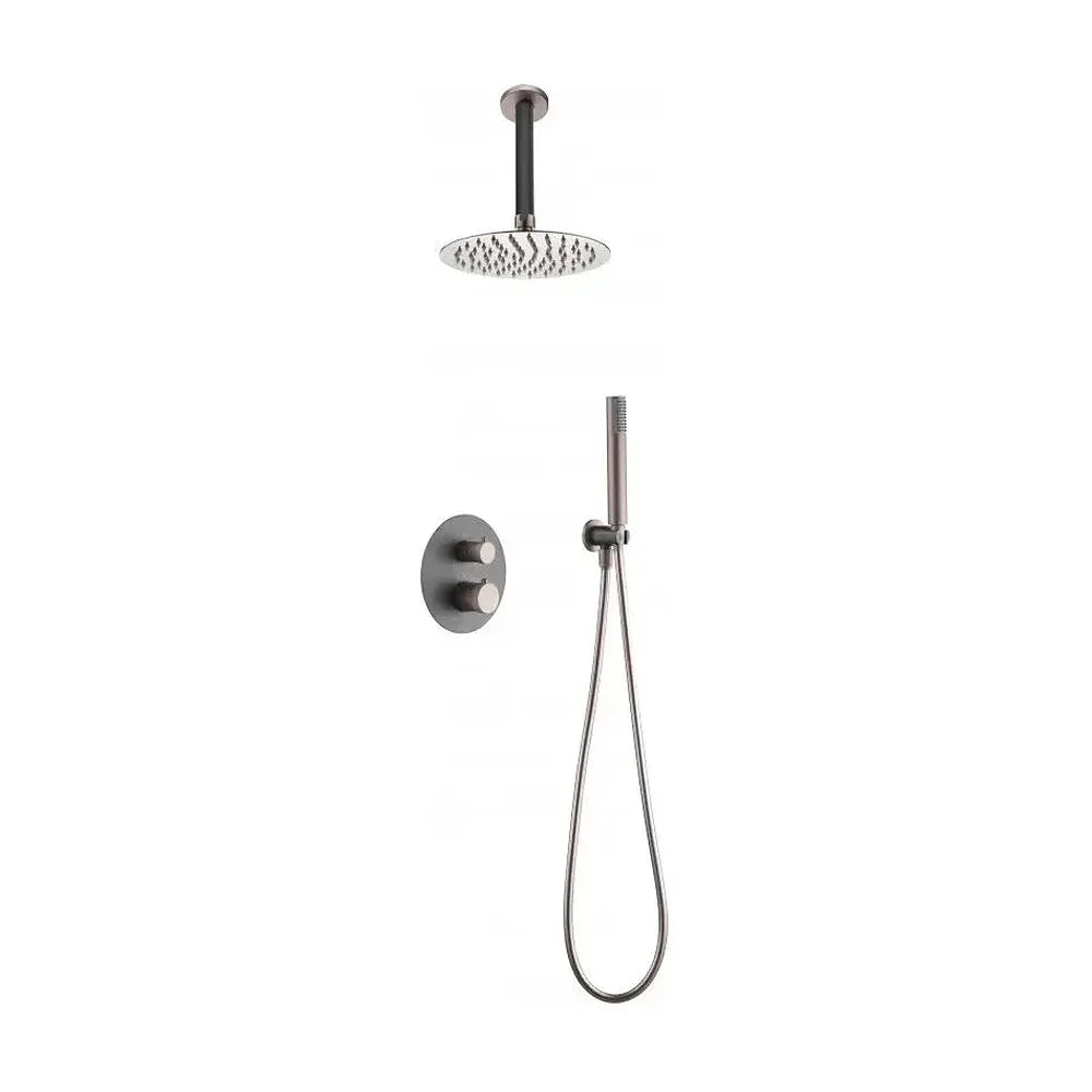 Conjunto de ducha termostática empotrado con teleducha rociador y grifería gris mate y champagne top Line de Imex Imex
