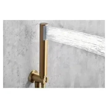Vista lateral y perspectiva de Conjunto de ducha termostático con rociador de conexión a techo y ducha de mano color oro...