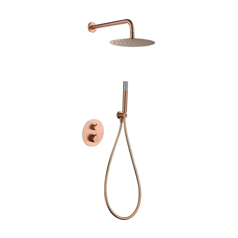 Conjunto de ducha termostático empotrado con rociador a pared acabado oro rosa cepillado Genova de Imex Imex