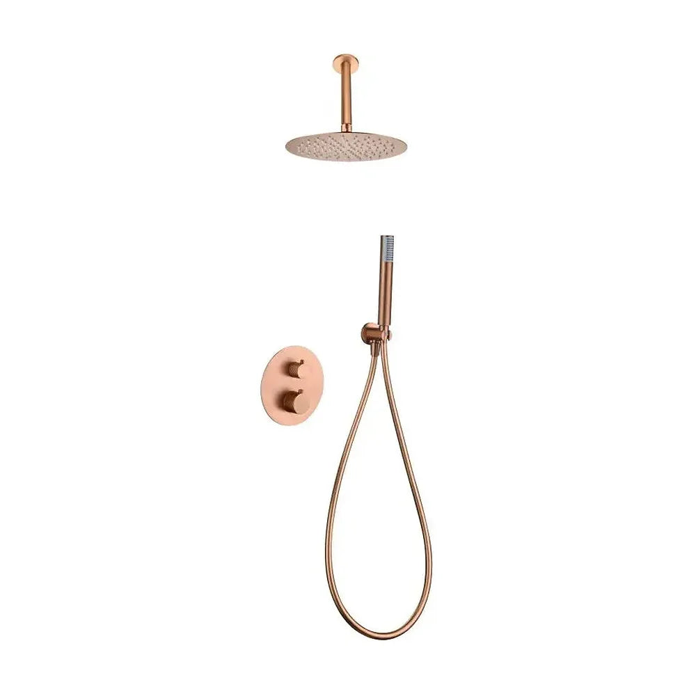 Conjunto de ducha termostático empotrado con rociador a techo acabado oro rosa cepillado piamonte Genova de Imex Imex