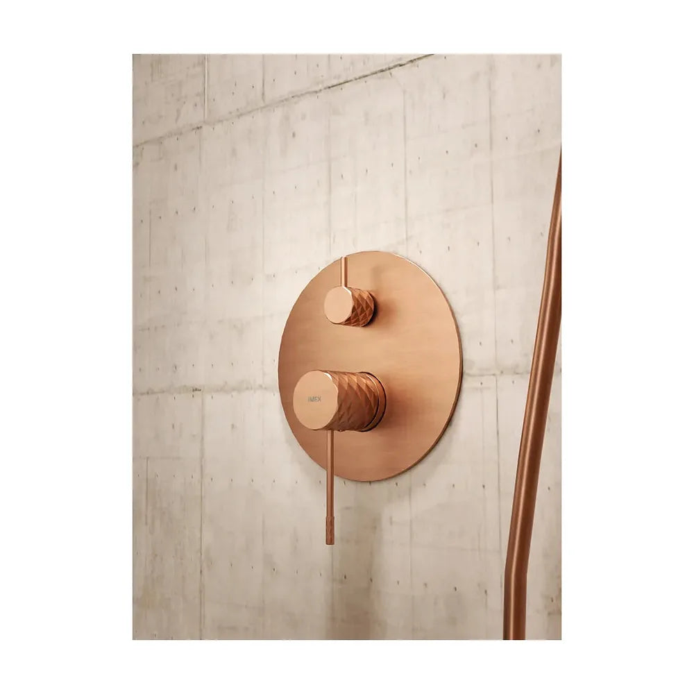 Vista lateral y perspectiva de Conjunto Ducha Monomando Empotrado Piamonte Oro Rosa Cepillado Imex