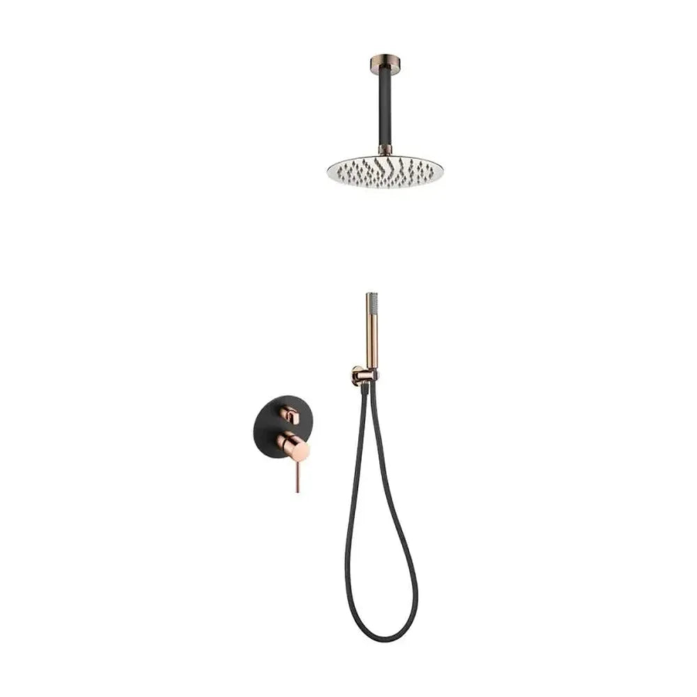 Conjunto moderno de ducha con un diseño monomando de acabado negro mate y oro rosa stick Milos de Imex Imex