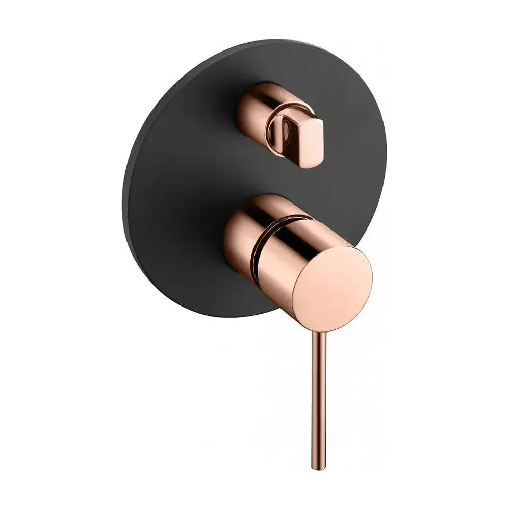 Vista principal de Conjunto moderno de ducha con un diseño monomando de acabado negro mate y oro rosa stick Milos de Imex
