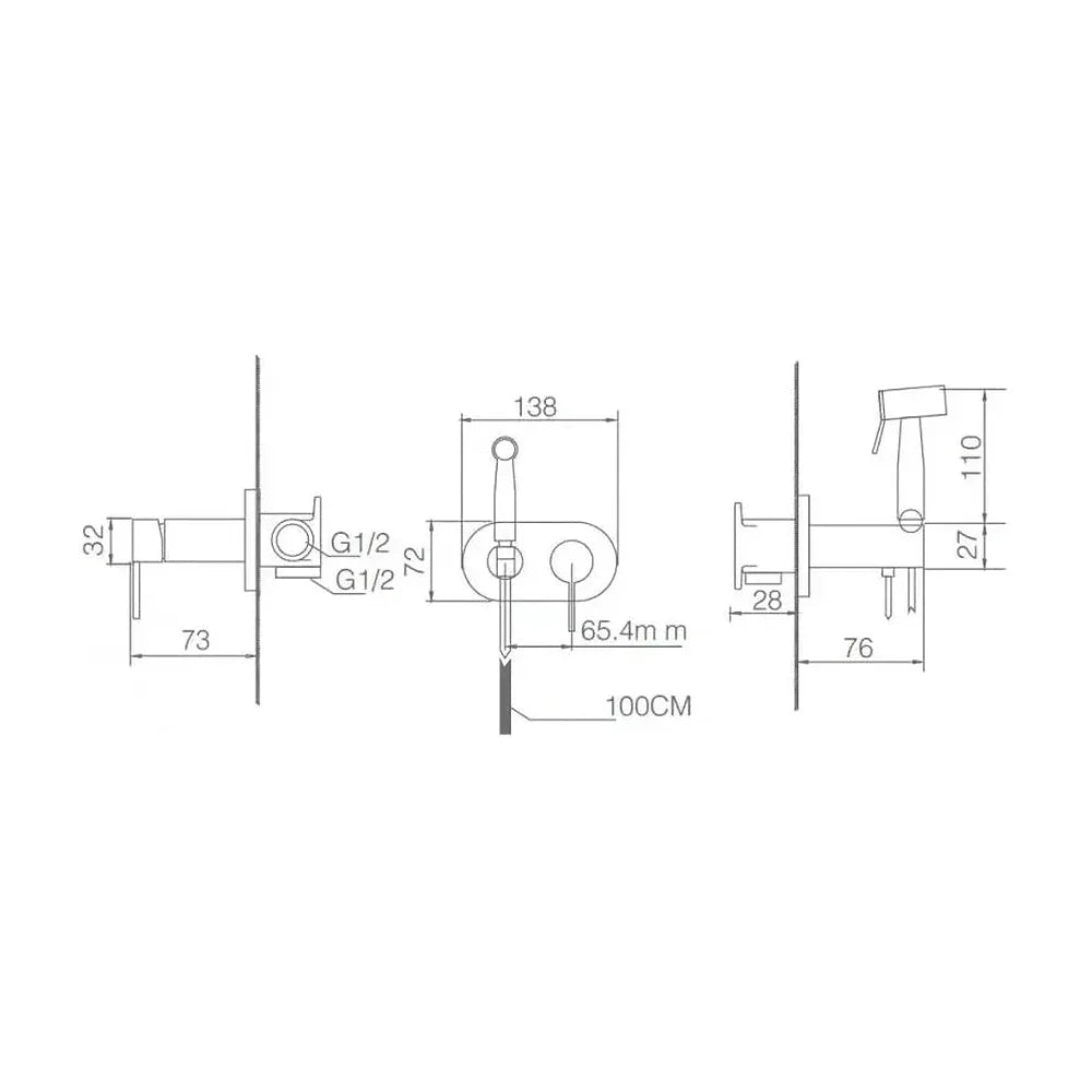 Plano de medidas y cotas técnicas de Ducha higiénica con grifo monomando fabricado en latón de acabado cromado Maui de Imex