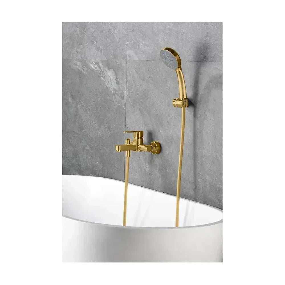 Vista principal de Grifería monomando para bañera y ducha hecha de latón con acabado oro cepillado Roma de Imex