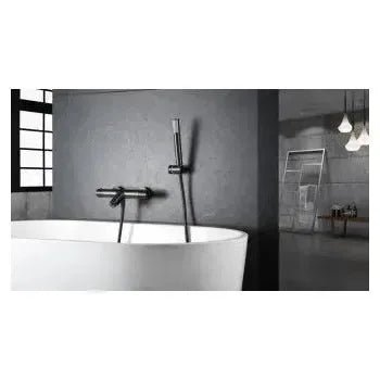 Vista lateral y perspectiva de Grifería termostática para bañera y ducha hecha de latón con acabado negro metalizado...