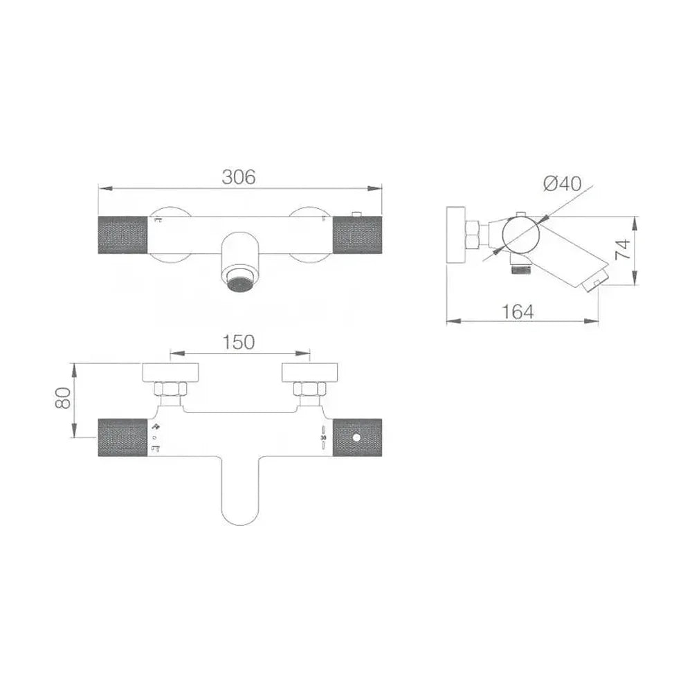 Vista lateral y perspectiva de Grifo de bañera termostático de diseño elegante con un acabado oro cepillado Line de Imex