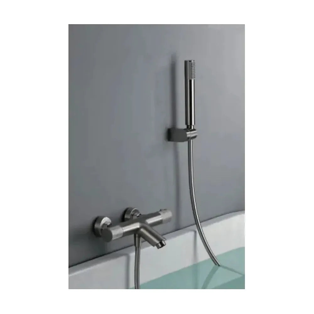 Vista principal de Grifo de bañera y ducha termostático con un diseño moderno de acabado níquel cepillado Line de Imex